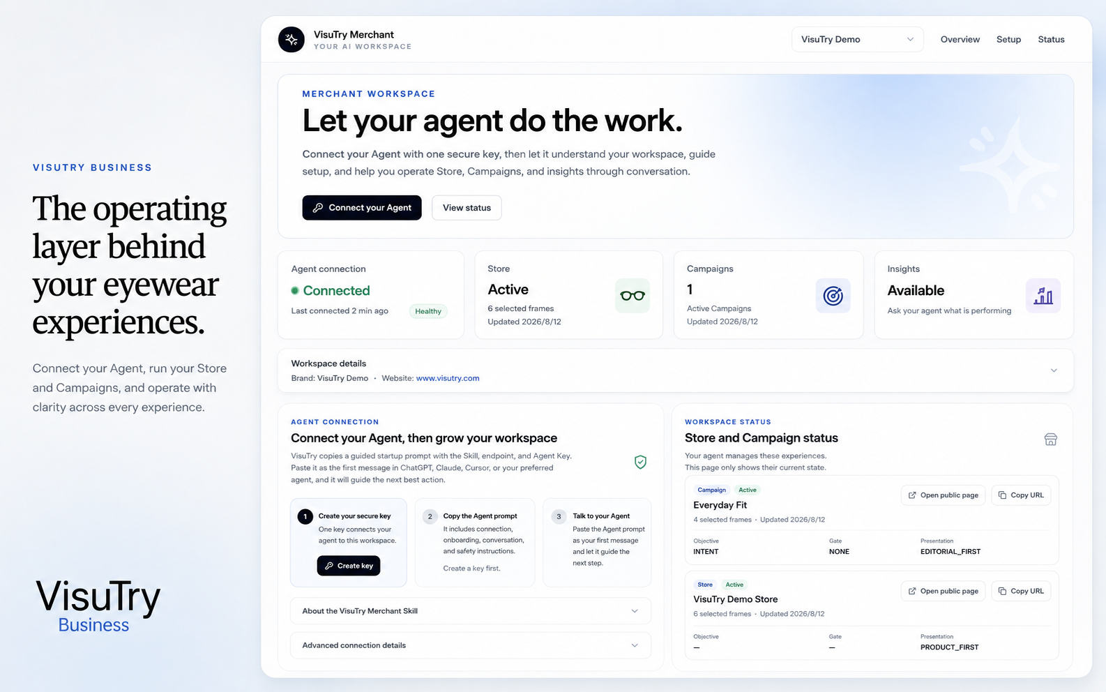 VisuTry Merchant Workspace operating Store, Campaigns, and insights