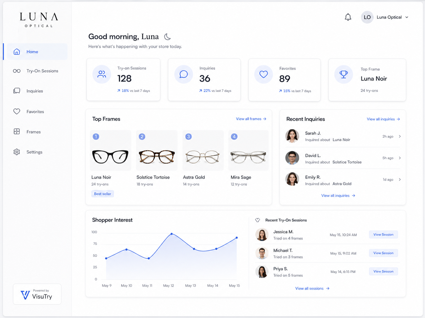 Simple merchant dashboard showing try-on sessions, inquiries, favorites, top frames, and recent shopper activity